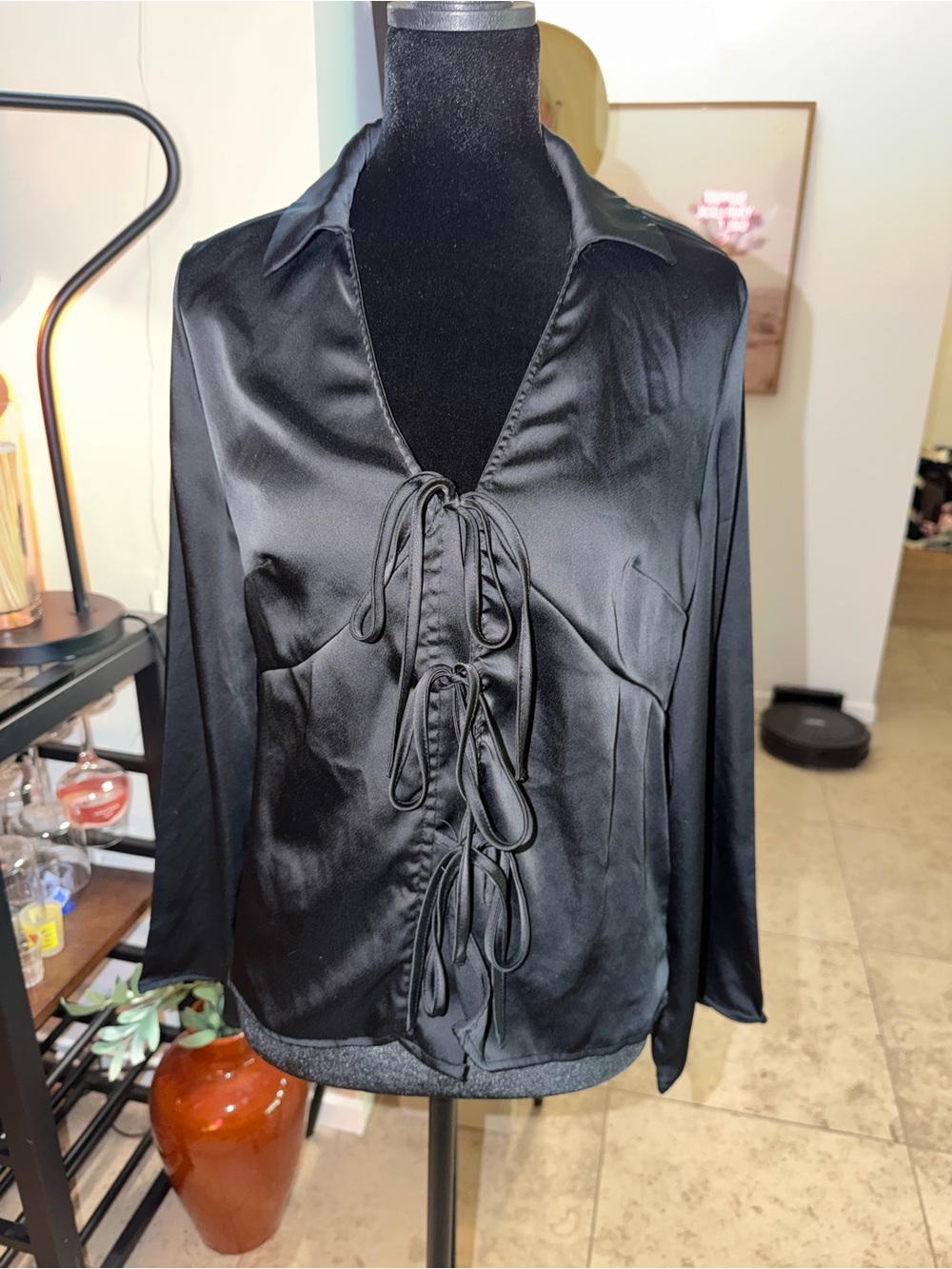 a new day Black Satin Lace-Up Tie Front Blouse
